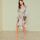 Shein Slit Side Mixed Print Dip Hem Shirt Dress