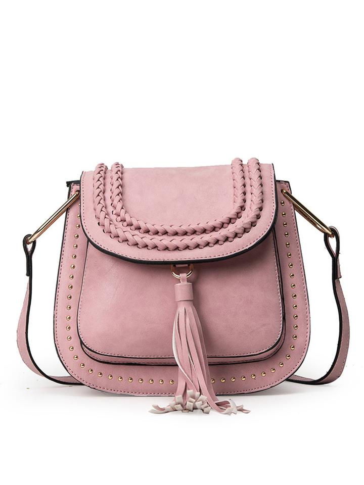 Shein Braided Tassel Trimmed Studded Saddle Bag - Pink