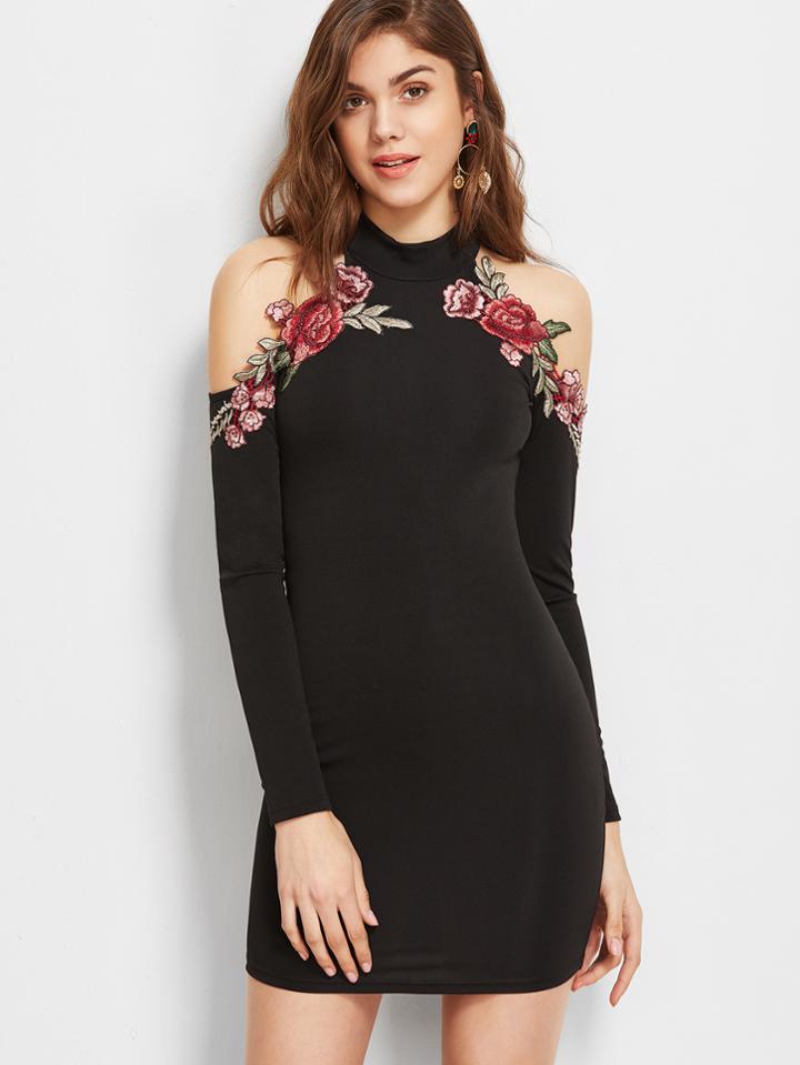 Shein Halter Cold Shoulder Embroidered Appliques Dress