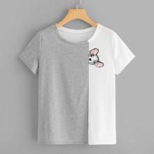 Shein Cut And Sew Panel Dog Print Tee