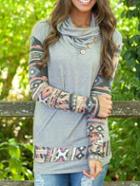 Shein Grey Draped Neck Geometric Print Buttons T-shirt