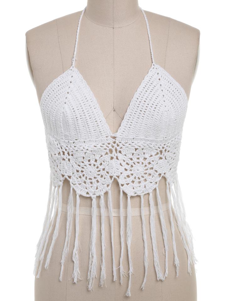 Shein White Halter Crochet Tassel Hem Crop Top