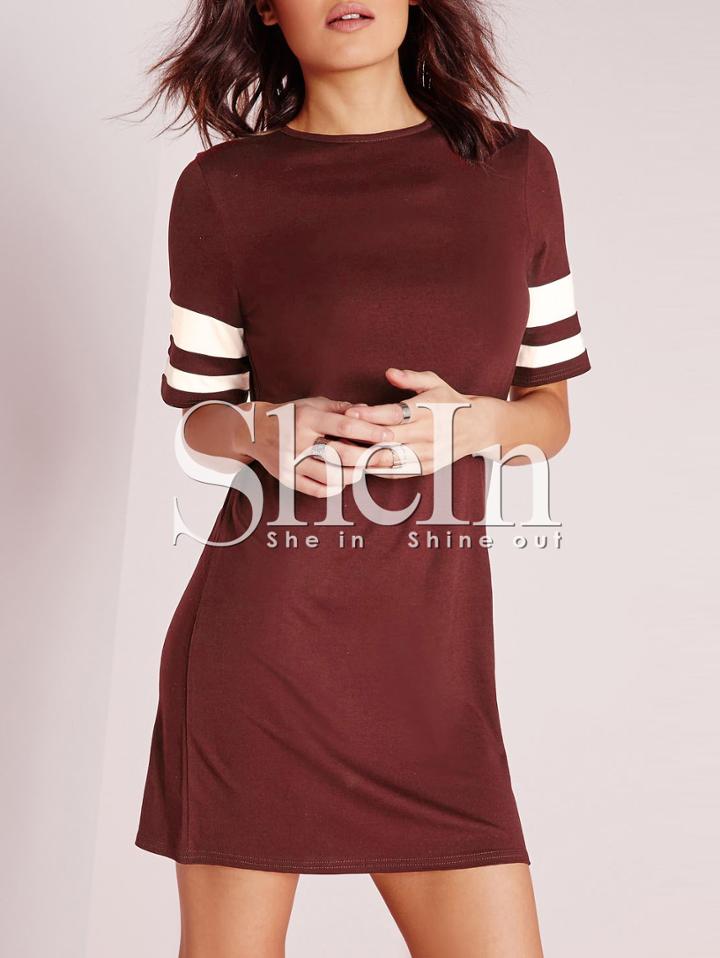 Shein Burgundy Crew Neck Stripe Contrast T-shirt Dress