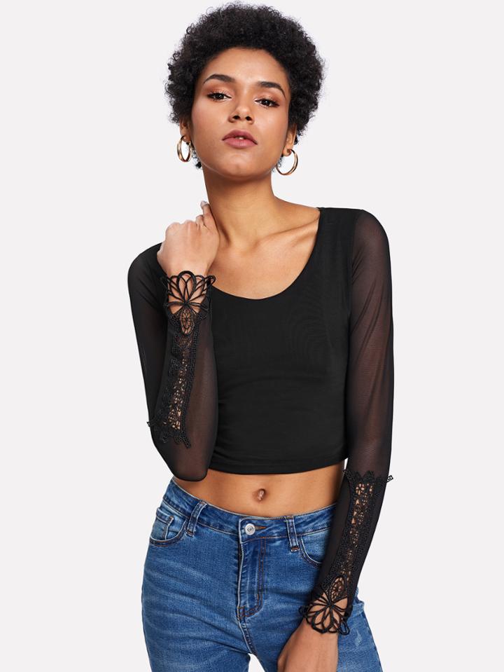 Shein Lace Crochet Contrast Crop Mesh Tee