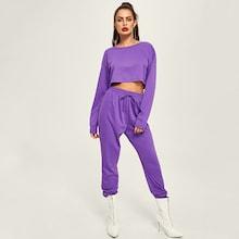Shein Round Neck Solid Crop Sweatshirt & Sweatpants Set