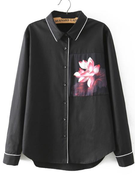 Shein Black Contrast Trims Floral Blouse
