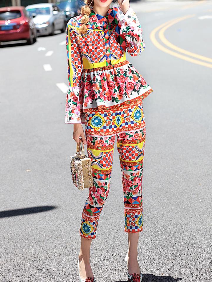 Shein Multicolor Peplum Floral Top With Pockets Pants