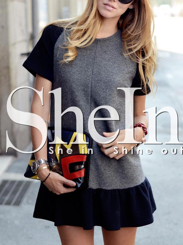 Shein Grey Crew Neck Contrast Raglan Sleeve Flounce Dress