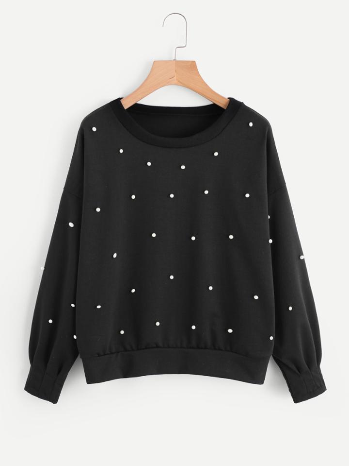 Shein Drop Shoulder Pearl Beaded Sweatshirt