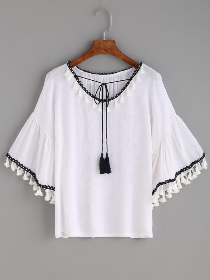 Shein White Tassel Trim Tie Neck Bell Sleeve Blouse