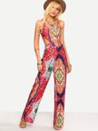 Shein Red Tribal Print Cutout Tie-back Jumpsuit