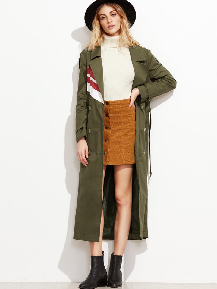 Shein Olive Green Rain Shield Back Wrap Trench Coat