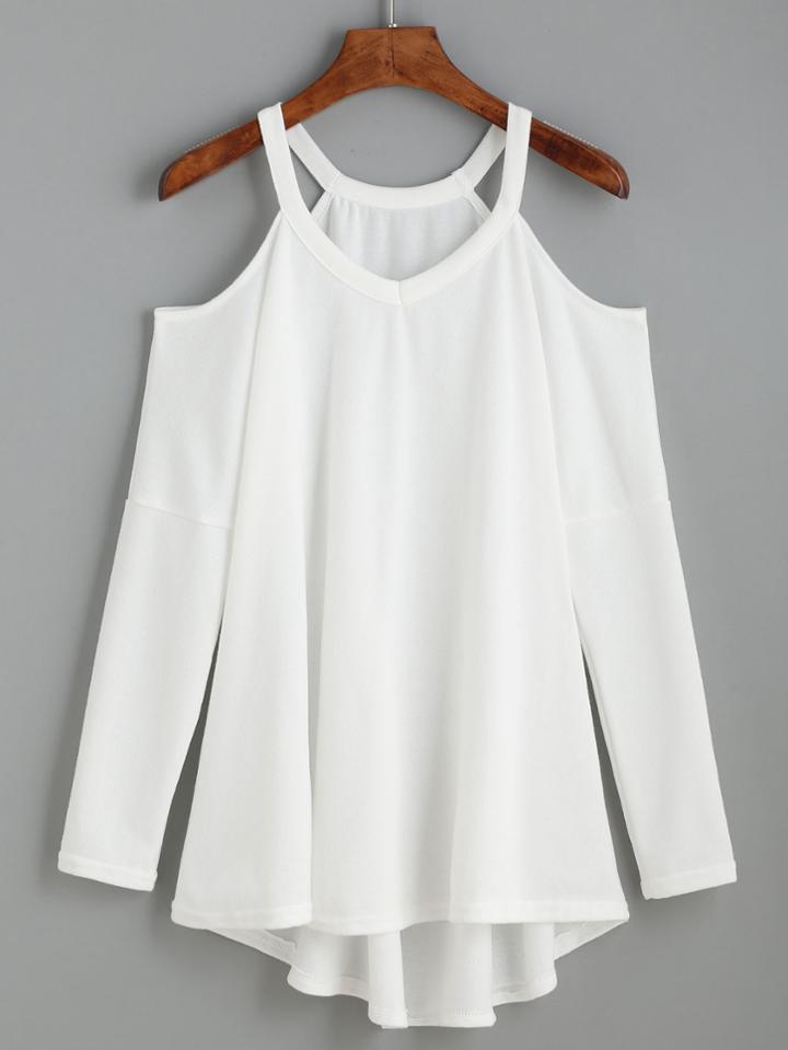 Shein White Cold Shoulder High Low Knit T-shirt