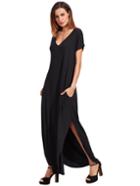Shein Black Rolled-cuff Pockets Split Maxi Dress