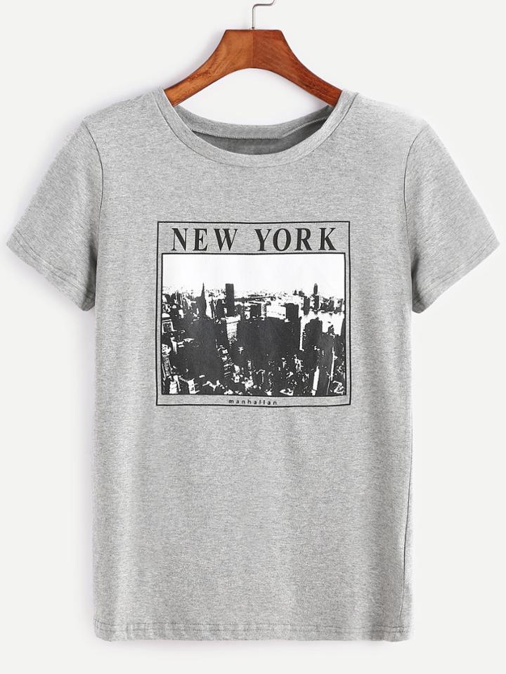 Shein Heather Grey Graphic Print T-shirt