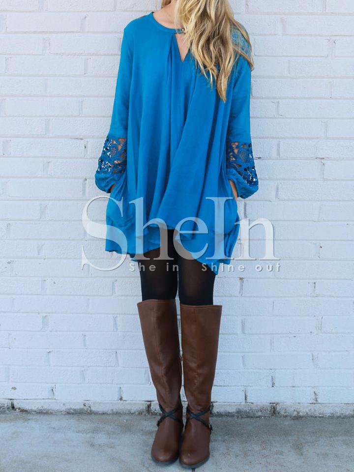 Shein Blue Long Sleeve With Lace High Low Dress