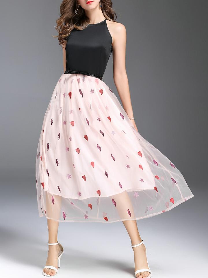 Shein Stars Heart Embroidered Gauze A-line Dress