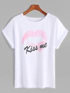 Shein White Kiss Print Cuffed T-shirt