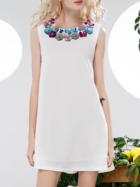 Shein White Applique Pouf Shift Dress