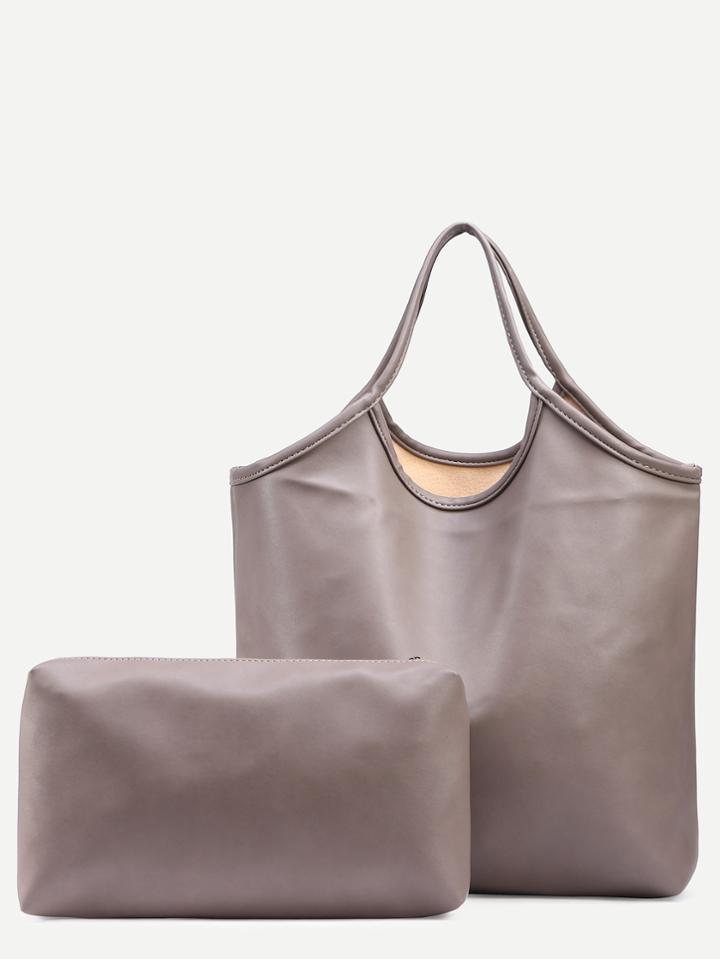 Shein Grey Faux Leather Shopper Bag With Make Up Bag
