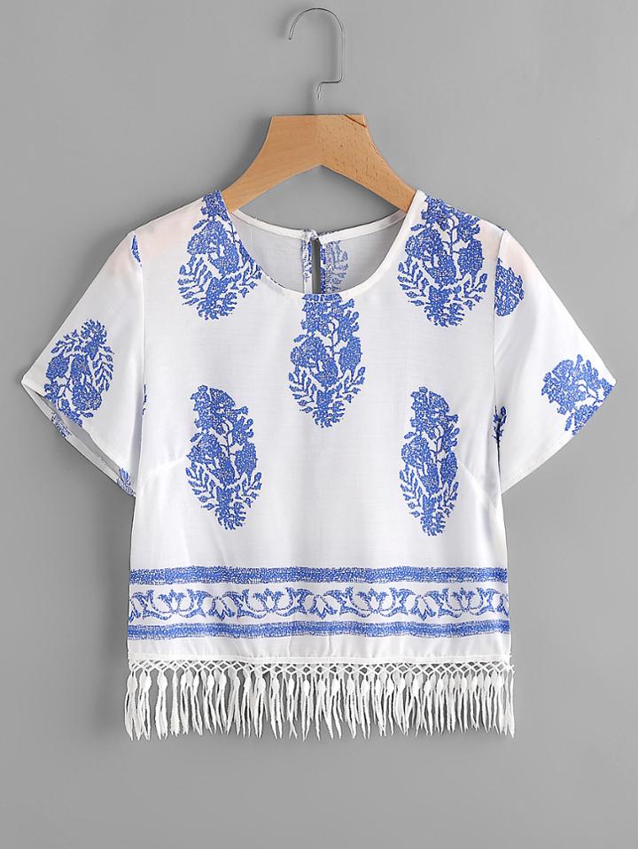 Shein Vintage Print Fringe Hem Keyhole Back Blouse