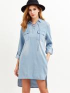 Shein Blue Lace Up Front Flap Pocket Front High Low Denim Dress
