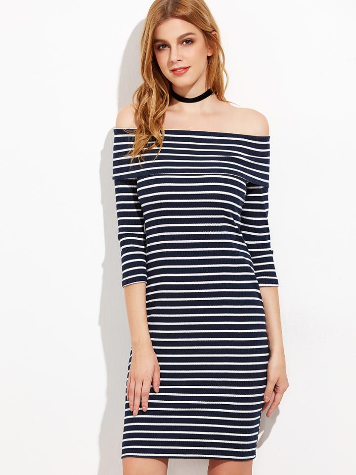 Shein Navy And White Striped Fold Off The Shoulder Ribbed Dress