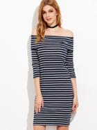 Shein Navy And White Striped Fold Off The Shoulder Ribbed Dress
