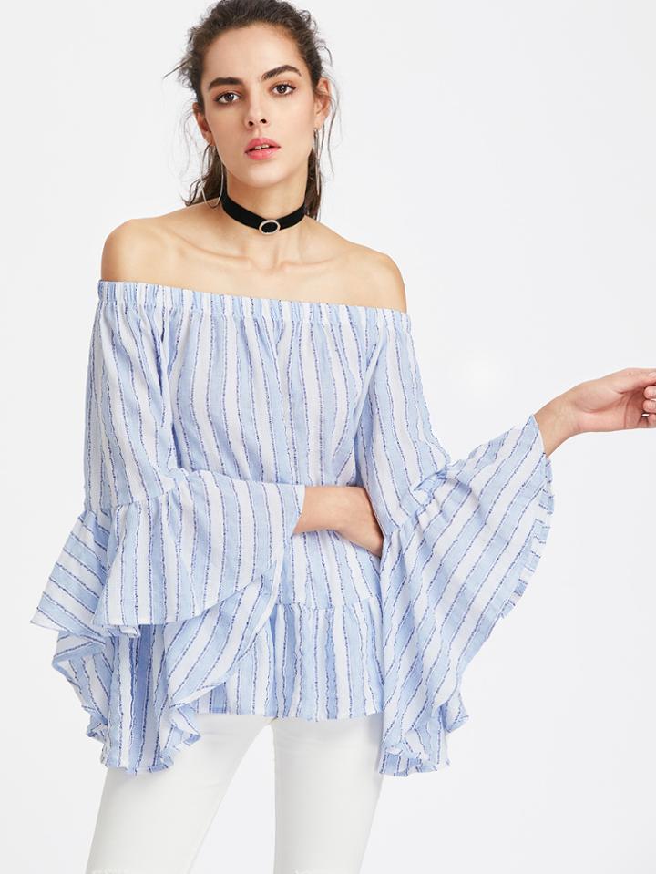Shein Exaggerated Fluted Sleeve Frill Hem Striped Bardot Top