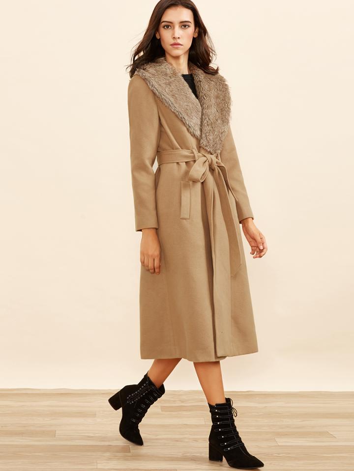 Shein Camel Faux Fur Collar Wrap Coat