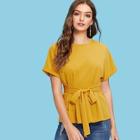 Shein Belted Roll Up Sleeve Blouse