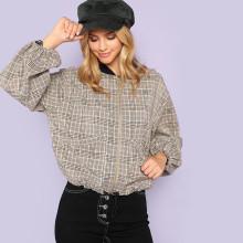 Shein Pocket Front Zip Up Plaid Bomber Jacket