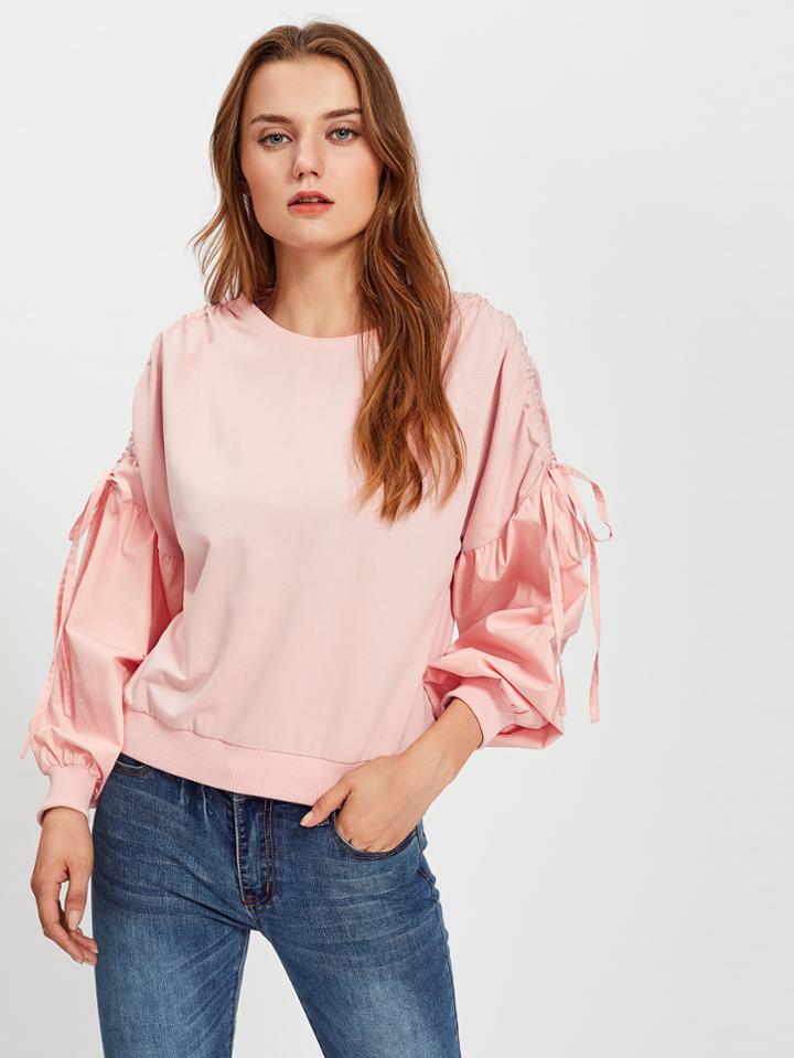 Shein Shirred Drawstring Shoulder Bishop Sleeve Sweatshirt