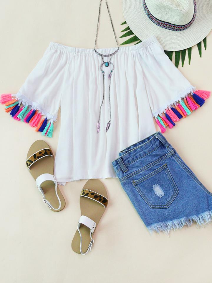 Shein Off Shoulder Tassel Hem Blouse