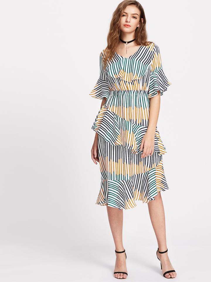 Shein Striped Ruffle Trim Bell Cuff Dress