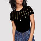 Shein Pearl Beaded Ring Round Neck Tee