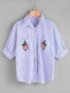Shein Pinstripe Rose Embroidered Patch Shirt