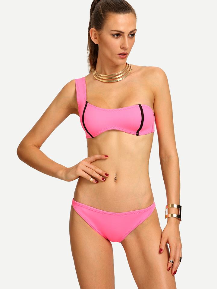 Shein One-shoulder Contrast Binding Bikini Set - Pink
