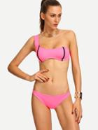Shein One-shoulder Contrast Binding Bikini Set - Pink