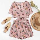 Shein Botanical Print Plunging Neck Belted Top And Shorts Set