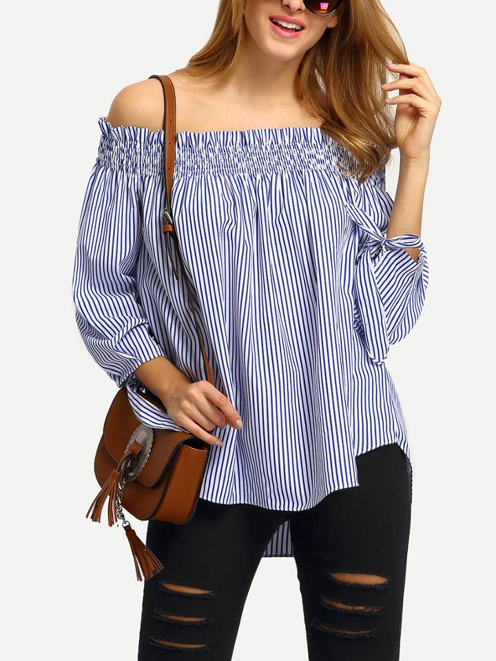 Shein Shirred Off The Shoulder Tie Cuff Blouse