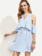 Shein Blue Striped Cutout Ruffle Cold Shoulder Dress
