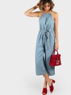 Shein Self Tie Halter Split Back Chambray Culotte Jumpsuit