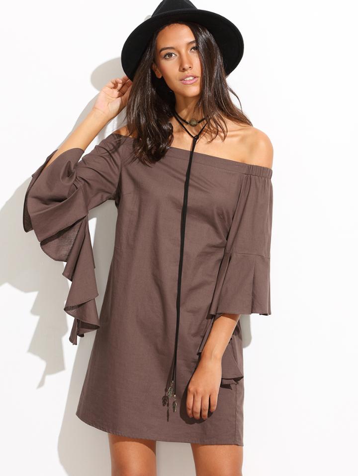 Shein Coffee Ruffle Sleeve Off The Shoulder Shift Dress