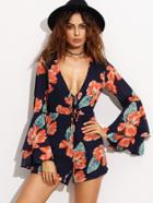 Shein Navy Floral Deep V Neck Bell Sleeve Romper