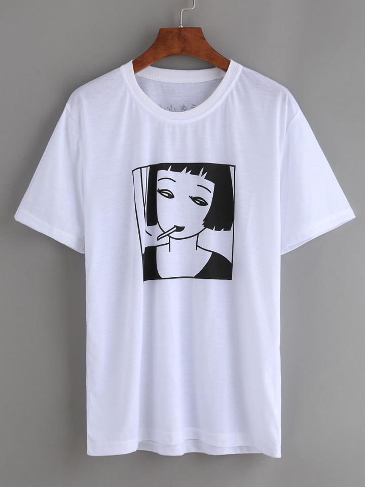 Shein White Smoking Girl Print T-shirt