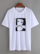 Shein White Smoking Girl Print T-shirt