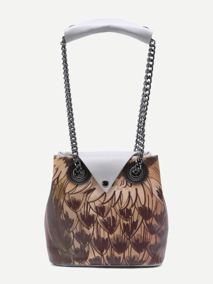 Shein Grey Night Owl Design Button Closure Chain Strap Tote Bag