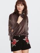 Shein Brown Drop Shoulder Split Tie Sleeve Velvet Top