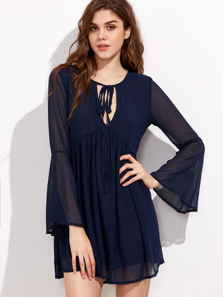 Shein Navy Tie Neck Cut Out Back Chiffon Dress